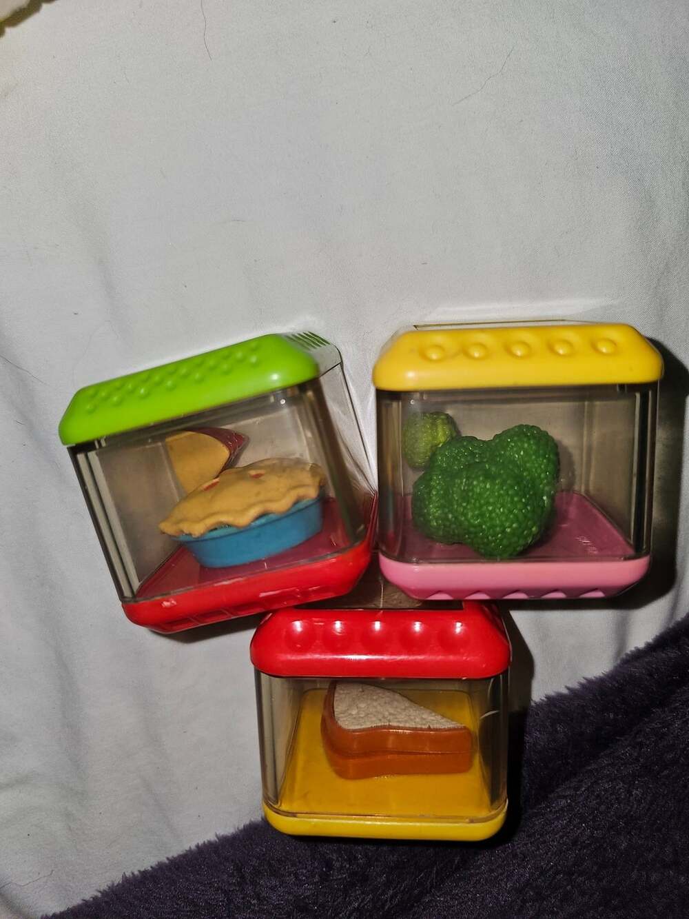 Peek a Blocks sensory blocks broccoli - peanut butter and jelly sandwich - pie